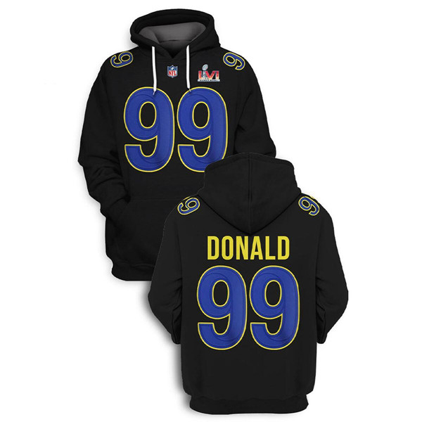 Men's Los Angeles Rams #99 Aaron Donald 2021 Black Super Bowl LVI Pullover Hoodie Men's Los Angeles Rams #99 Aaron Donald 2021 Black Super Bowl LVI Pullover Hoodie